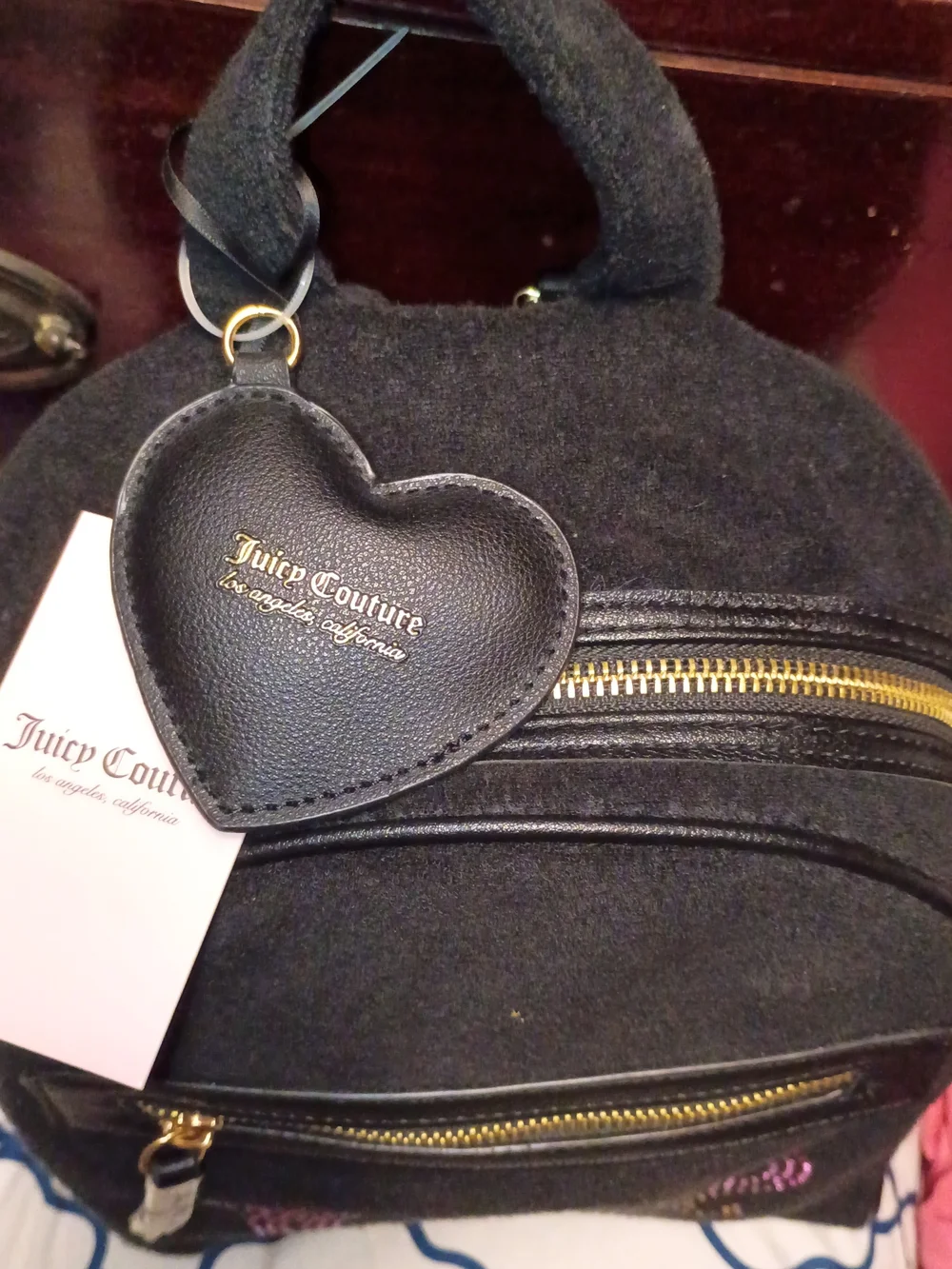 Juicy Couture Black Velvet Mini Backpack with Ombre Crystal Juicy Logo